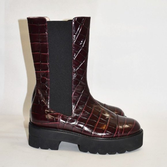 $700 STUART WEITZMAN PRESLEY CROC ULTRALIFT PLATFORM BOOT BURGUNDY 8 (PA21) - Picture 1 of 7